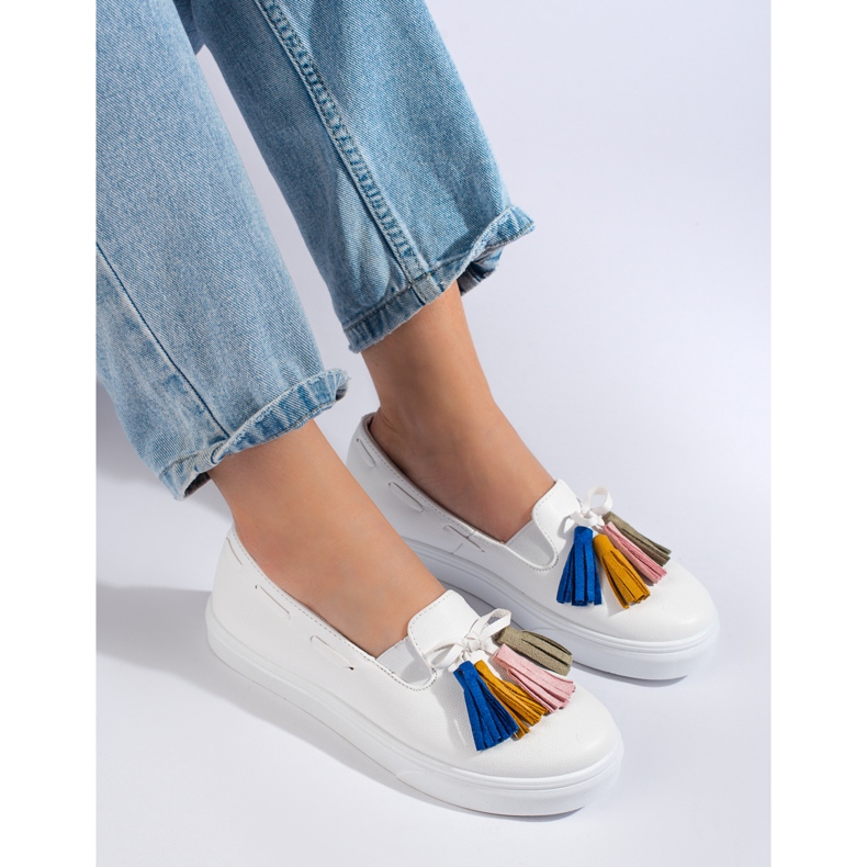 Shelovet White Suede Fringe Slip On 1
