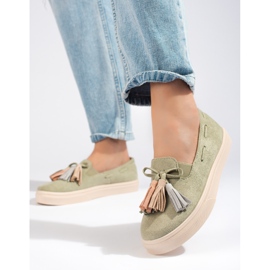 Shelovet Green Suede Fringe Slip On 2
