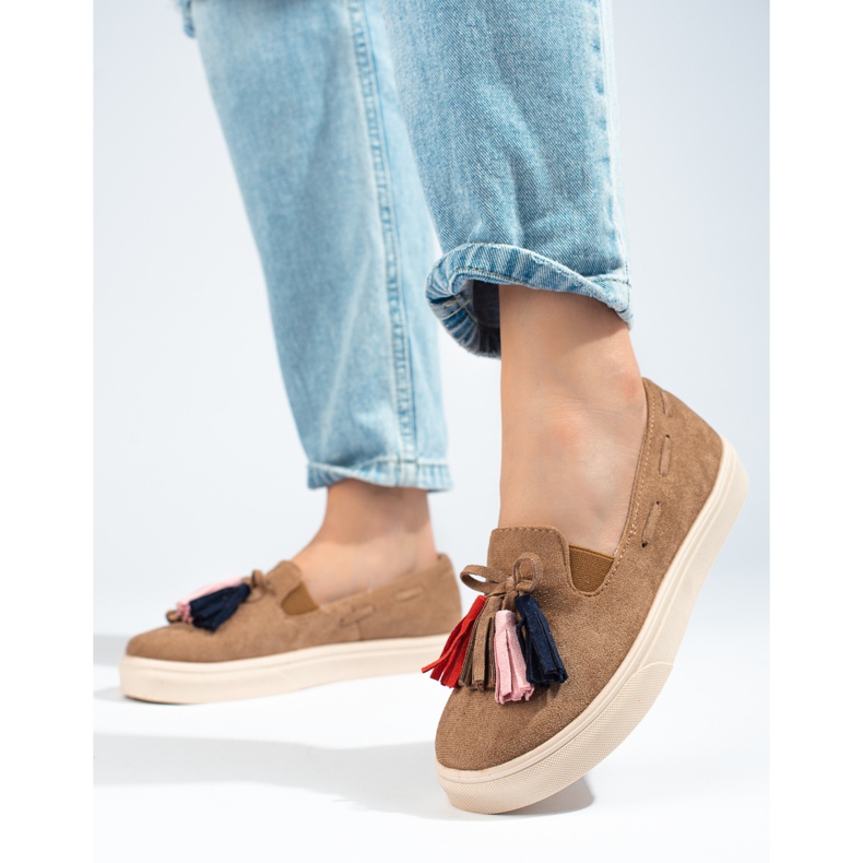 Brown suede slip-on slip-on with tassels Shelovet beige 2