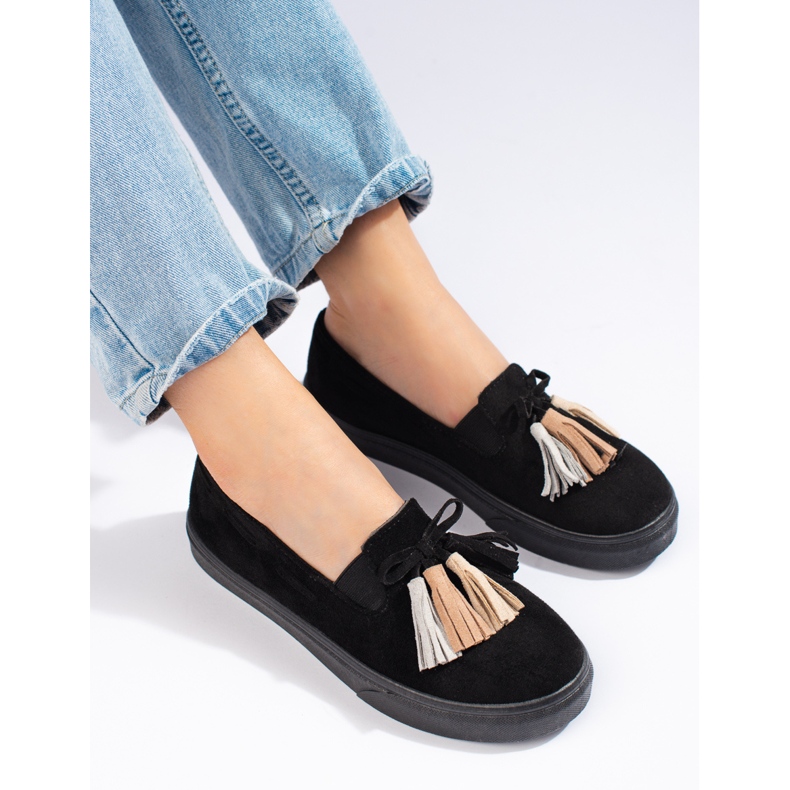 Shelovet black suede fringe slip-on slip-on 1