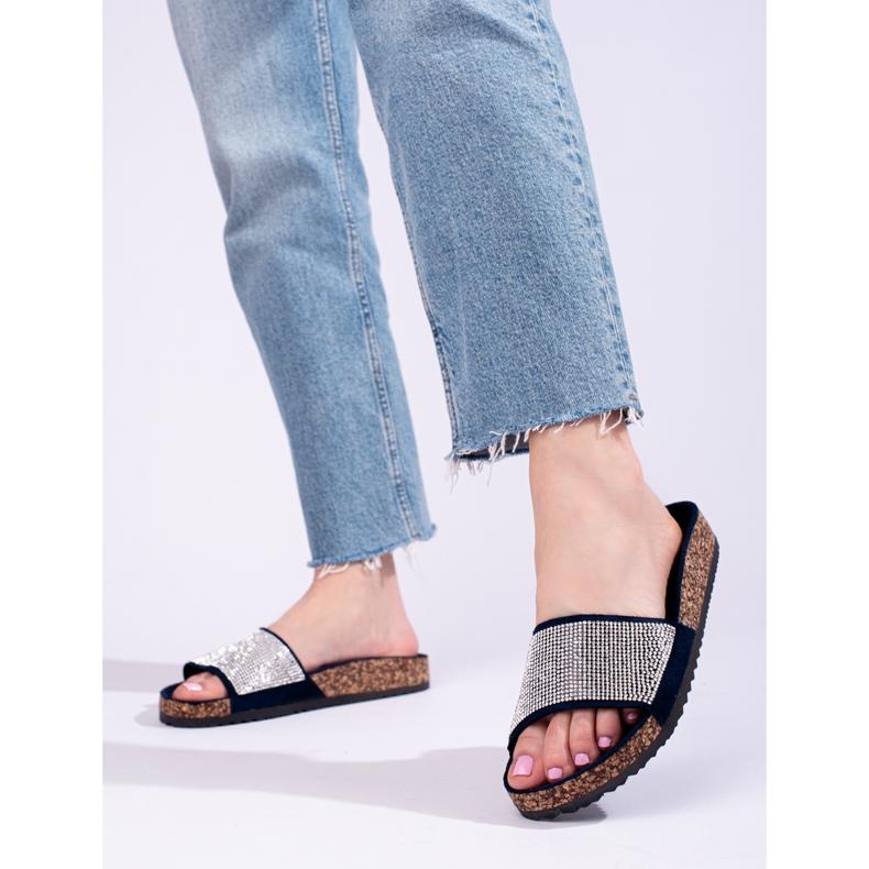 Navy blue Shelovet cork flip-flops with zircons 1
