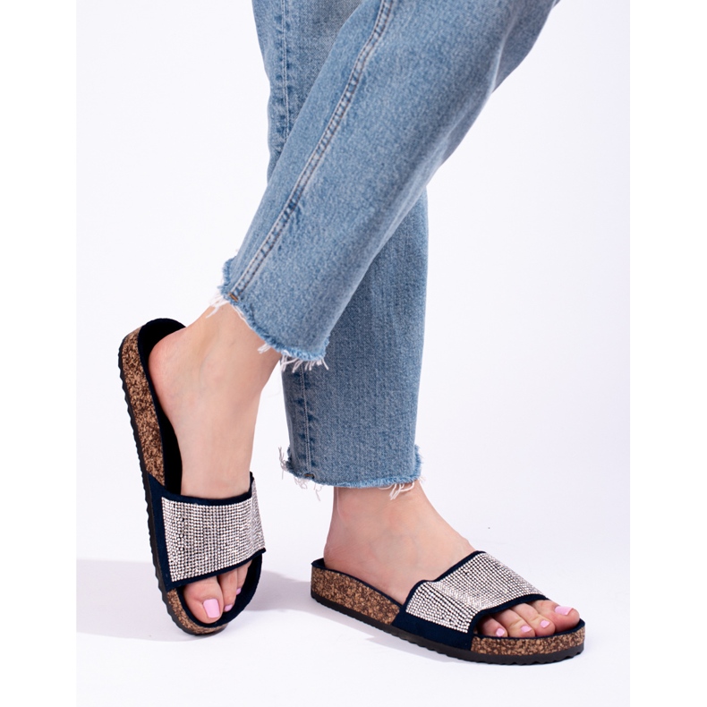 Navy blue Shelovet cork flip-flops with zircons 2