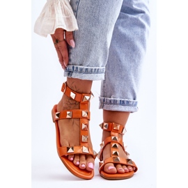 Women's Leather Sandals With Large Studs Orange Mishigan 1