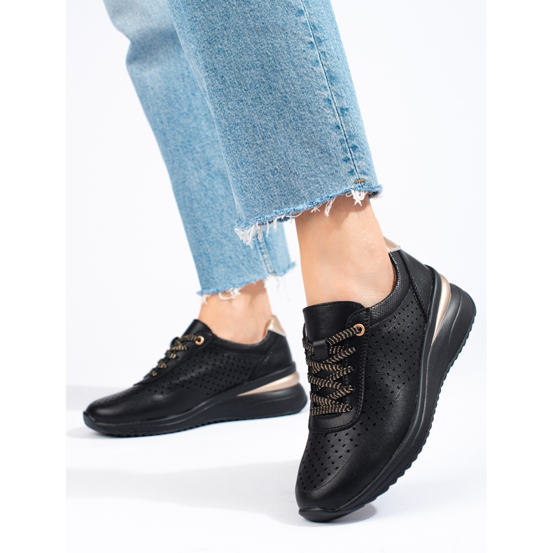 Shelovet openwork leather wedge shoes black 2