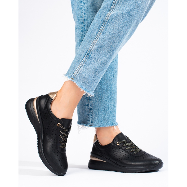 Shelovet openwork leather wedge shoes black 1