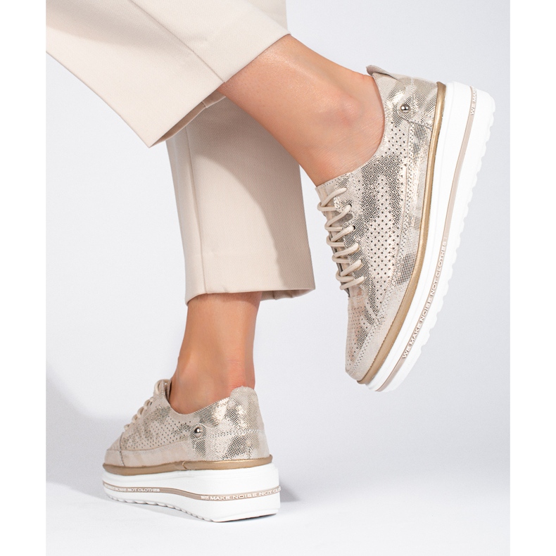 Shelovet gold leather lace-up sports shoes golden 2