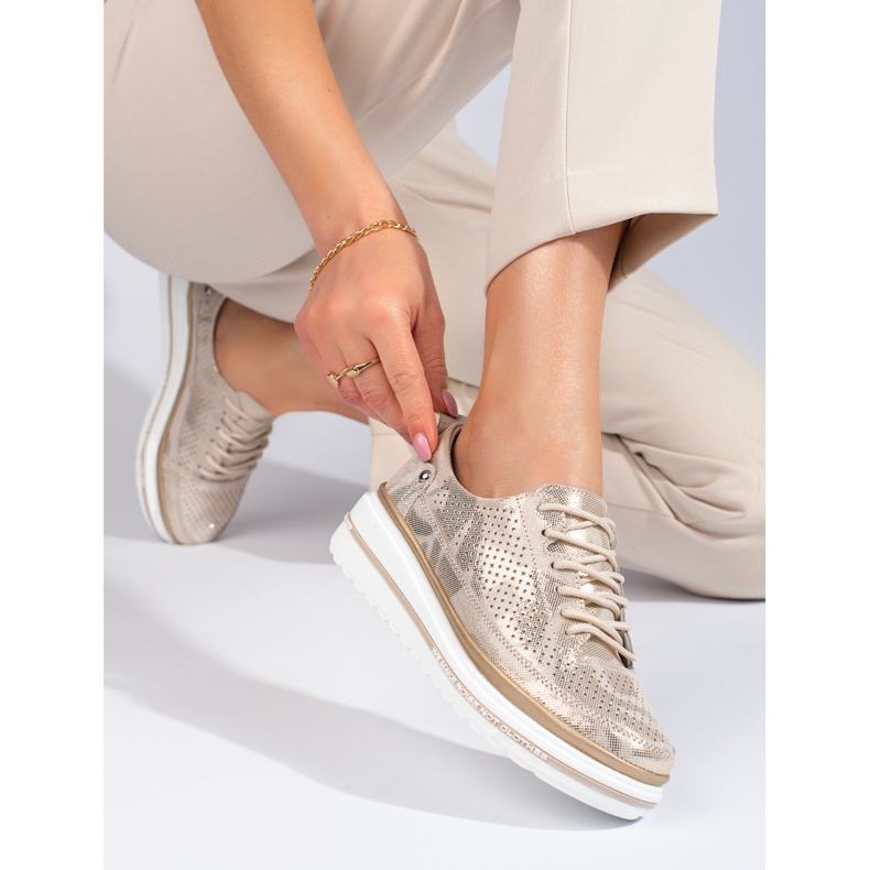 Shelovet gold leather lace-up sports shoes golden 1