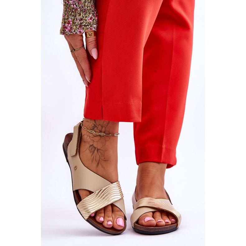 Lemar Gold And Beige Addison Velcro Leather Sandals 1