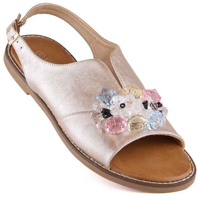 Women's flat metallic sandals with golden crystals Vinceza 17238 1