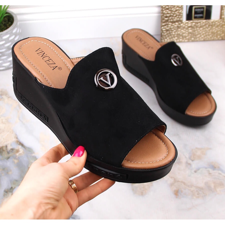 Women's black suede wedge slippers Vinceza 10907 1