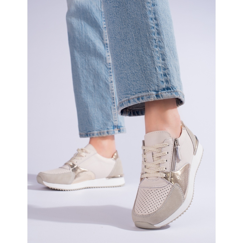 Shelvt women's leather sports shoes, beige 1 Shelvt women's leather sports shoes, beige 1