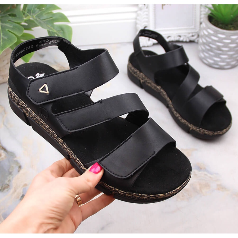 Comfortable women's sandals on a black Velcro platform Rieker V2301-00 1