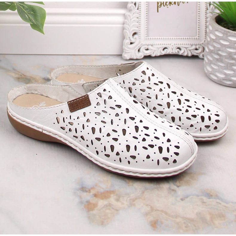Rieker 65996-80 openwork white full leather sliders with elastic 1