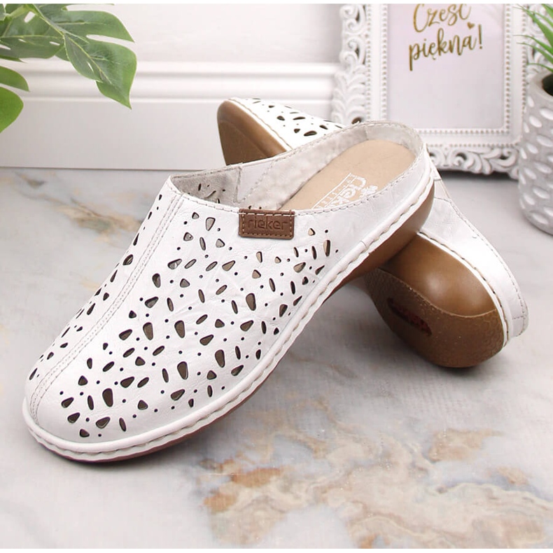 Rieker 65996-80 openwork white full leather sliders with elastic 2