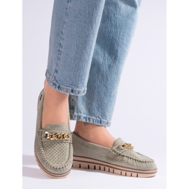 Green women's openwork suede loafers from Shelovet 1