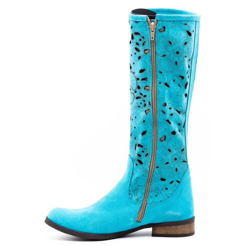 Olivier Women's openwork boots Turquoise flowers blue 1