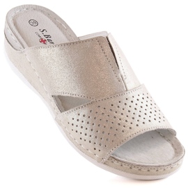Women's comfortable leather slippers with elastic band gold S.Barski BN290 golden 1