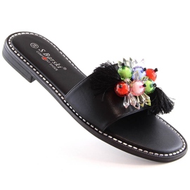 Women's flat comfortable black slippers with beads S.Barski Kv 2775-47 1