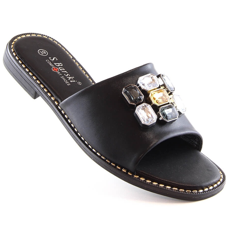 Women's flat comfortable black slippers with zircons S.Barski Kv 2775-31 1