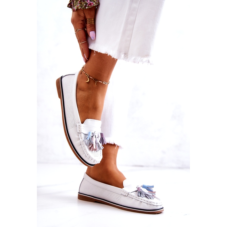 Evento Women's Leather Loafers With Fringes White Laressa 2