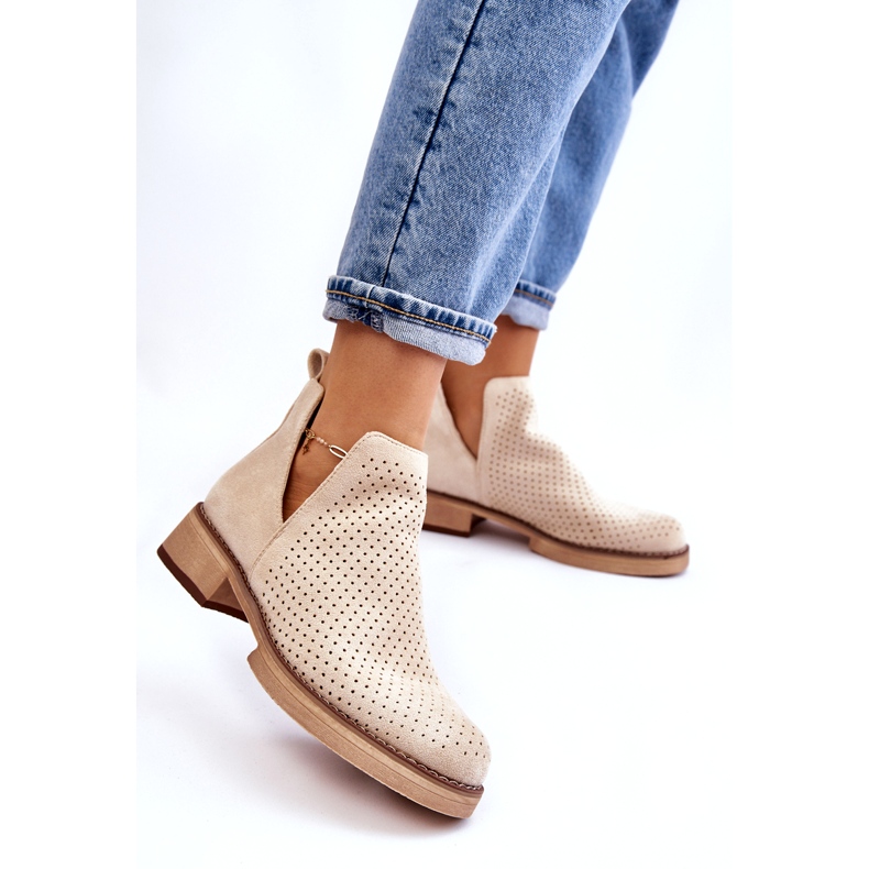 Suede Openwork Boots on a Flat Heel, Beige 3