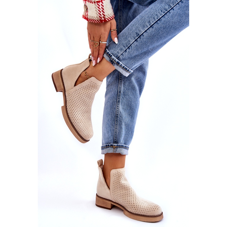 Suede Openwork Boots on a Flat Heel, Beige 4