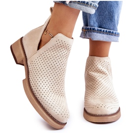 Suede Openwork Boots on a Flat Heel, Beige 5