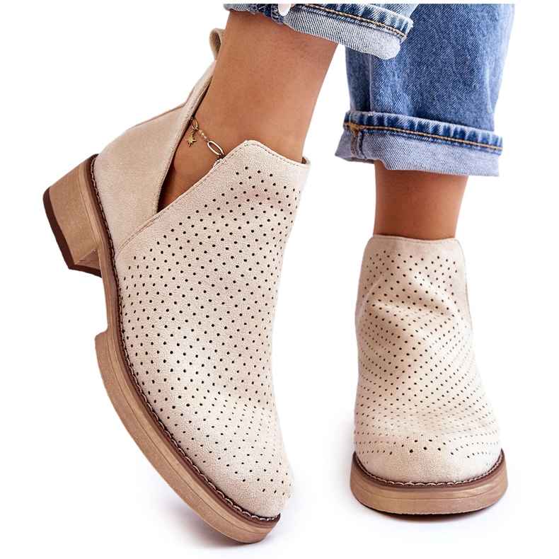 Suede Openwork Boots on a Flat Heel, Beige 5