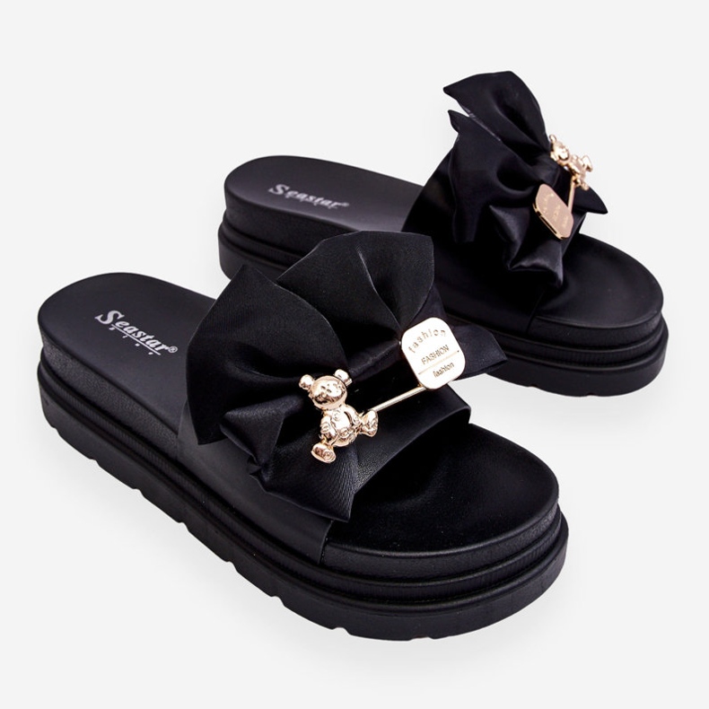 PE1 Slippers With A Bow And A Decorative Teddy Bear Black Suzy 1