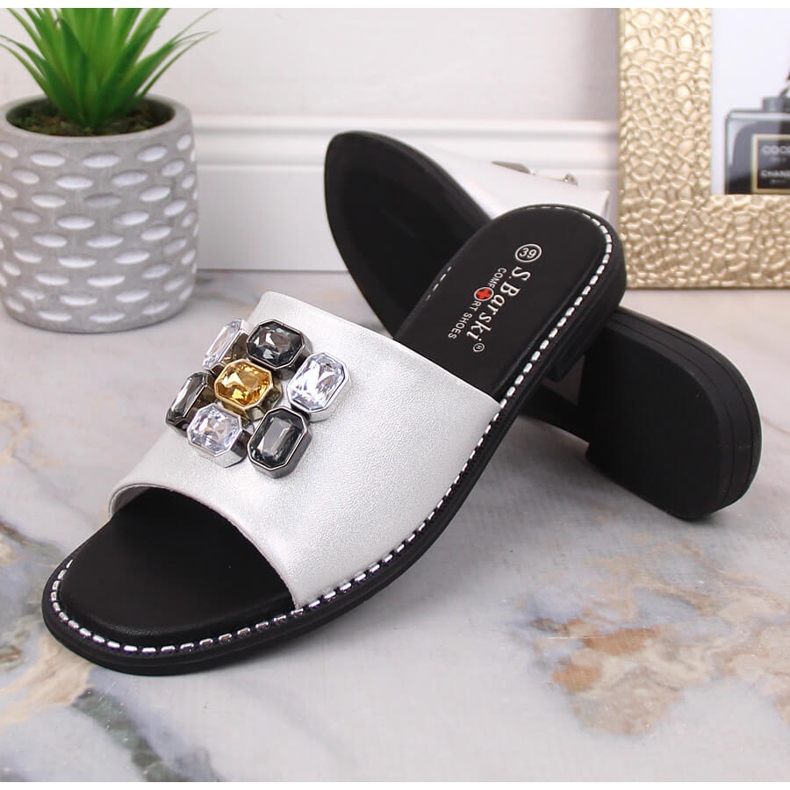 Women's flat comfortable white slippers with zircons S.Barski Kv 2775-31 1