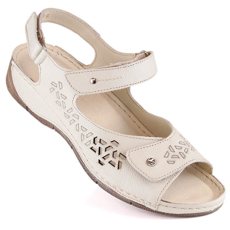Comfortable women's leather sandals with velcro straps Ekri Helios 266-2 beige 1