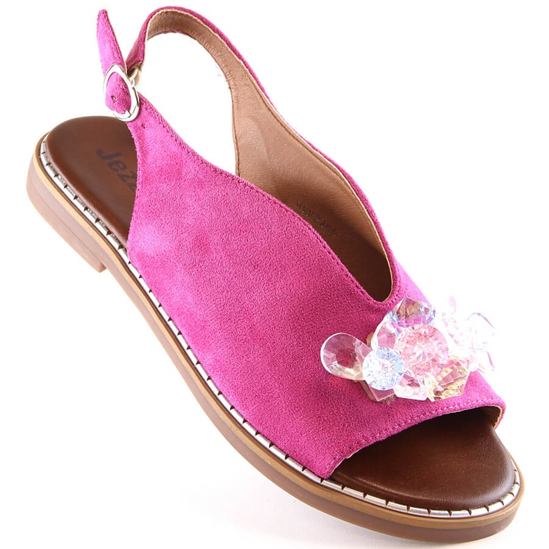 Women's flat suede sandals with fuchsia crystals Jezzi RMR2266-2 pink 1
