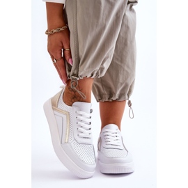 Women's Leather Perforated Sports Shoes White and Gold Carvalo 1