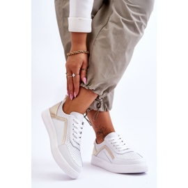 Women's Leather Perforated Sports Shoes White and Gold Carvalo 2