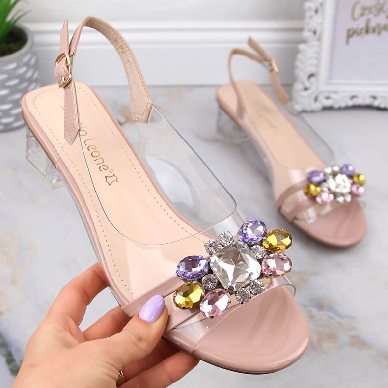 Transparent low-heeled sandals with beige crystals Sergio Leone SK047 1