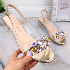 Transparent sandals on a low heel with golden crystals Sergio Leone SK047 1