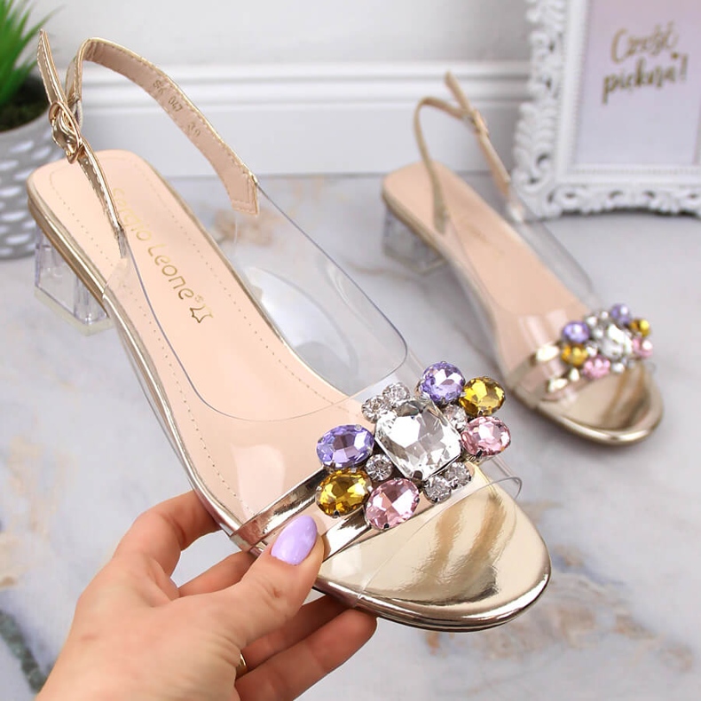 Transparent sandals on a low heel with golden crystals Sergio Leone SK047 1
