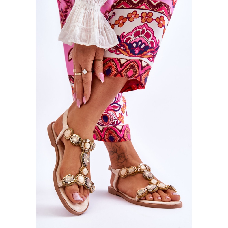 Dallas Beige Suede Flat Sandals With Stones 2