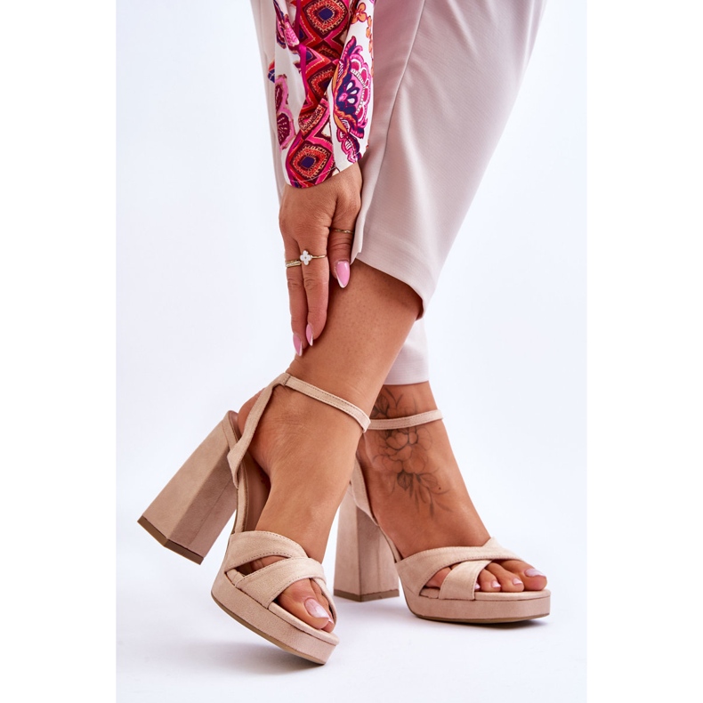 Beige Powerful Square Heel Suede Sandals 2