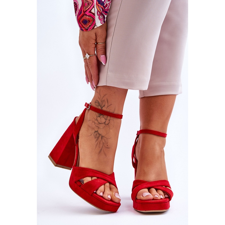 Red Powerful Suede Square Heel Sandals 1