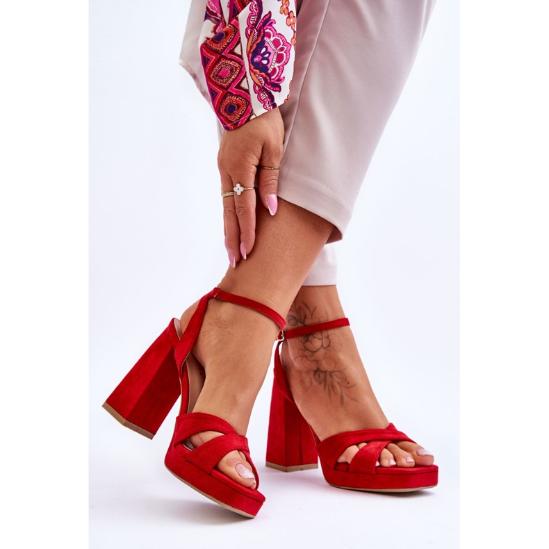 Red Powerful Suede Square Heel Sandals 2