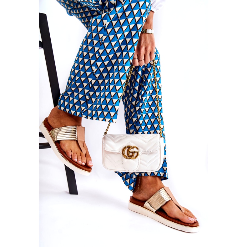 Women's flip-flops on beige-gold platform 2