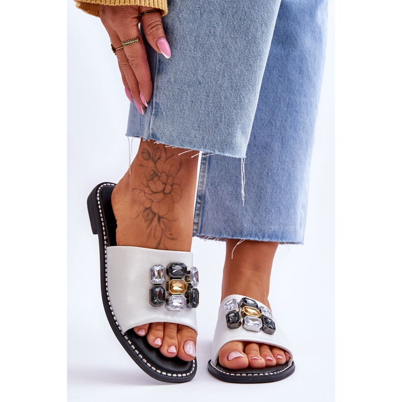 Women's Slippers With Stones S.Barski KV-2775-31 White-Silver 1