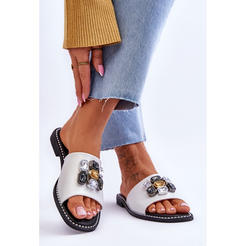 Women's Slippers With Stones S.Barski KV-2775-31 White-Silver 2