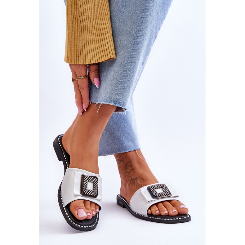 Women's Leather Slippers With Rhinestones S.Barski KV-2775-33 Silver 2