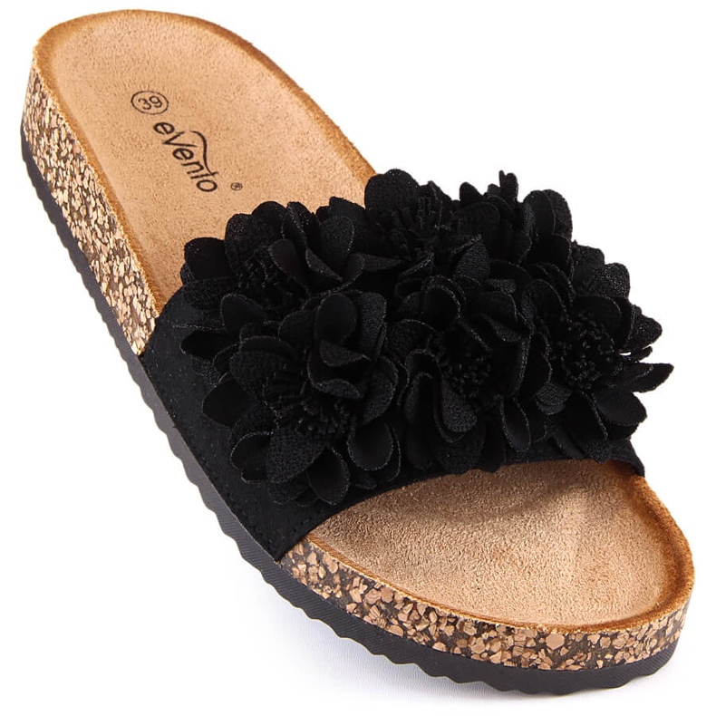 Women's flat slippers with black flowers eVento 5969 1