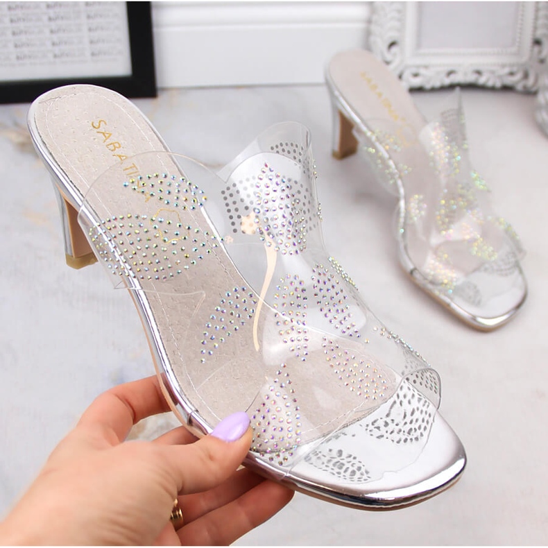 Transparent heeled sandals with zircons silver Sabatina 1014-16 1