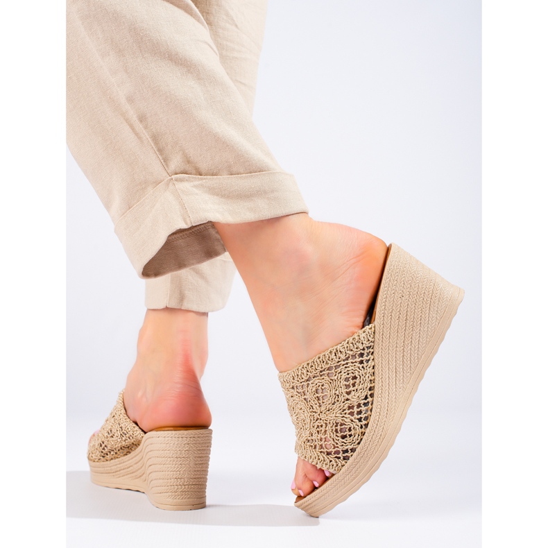 W. Potocki Women's wedge sandals with an openwork belt, beige Potocki 1