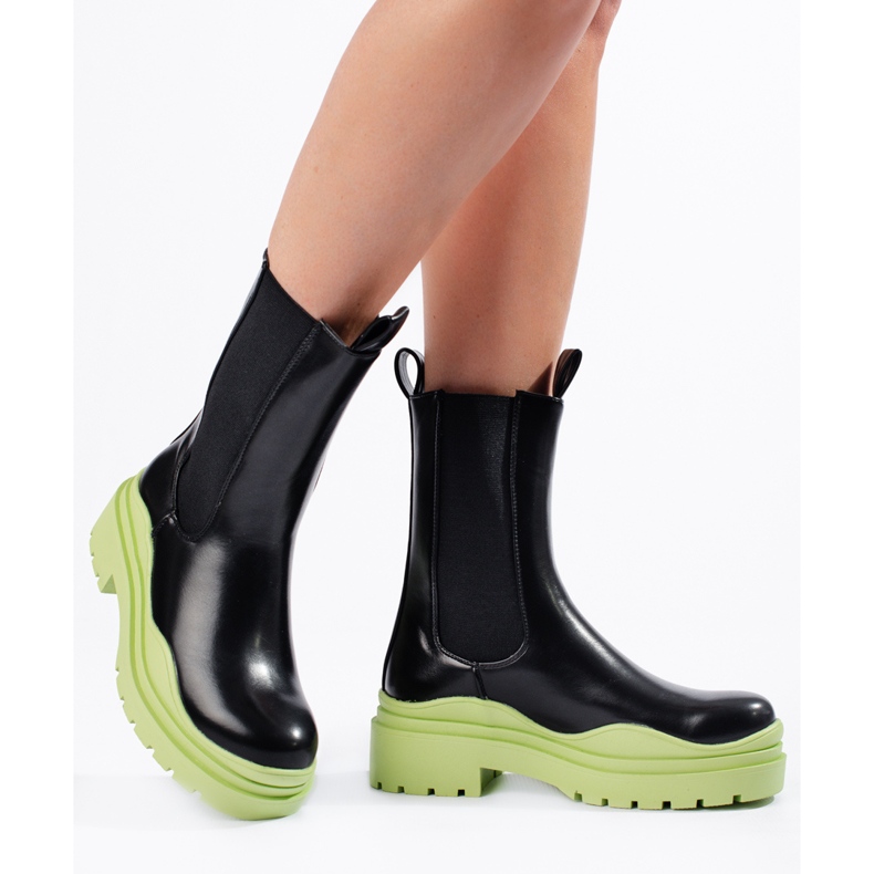 High Chelsea boots for women on a thick Shelovet platform, black and green 1 High Chelsea boots for women on a thick Shelovet platform, black and green 1