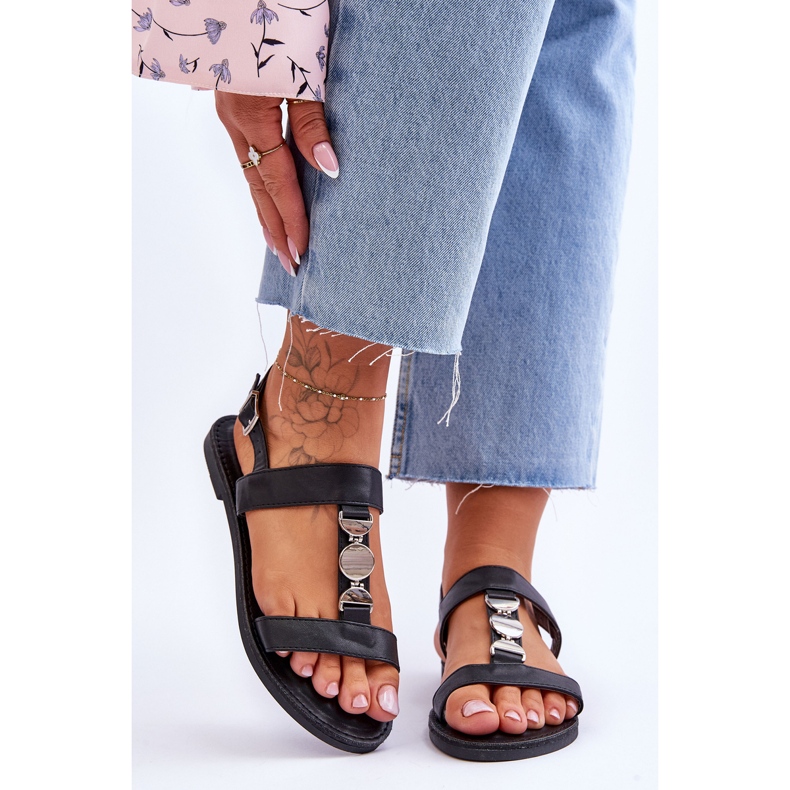 Women's Flat Sandals With A Decorative Strap Black Berry 1